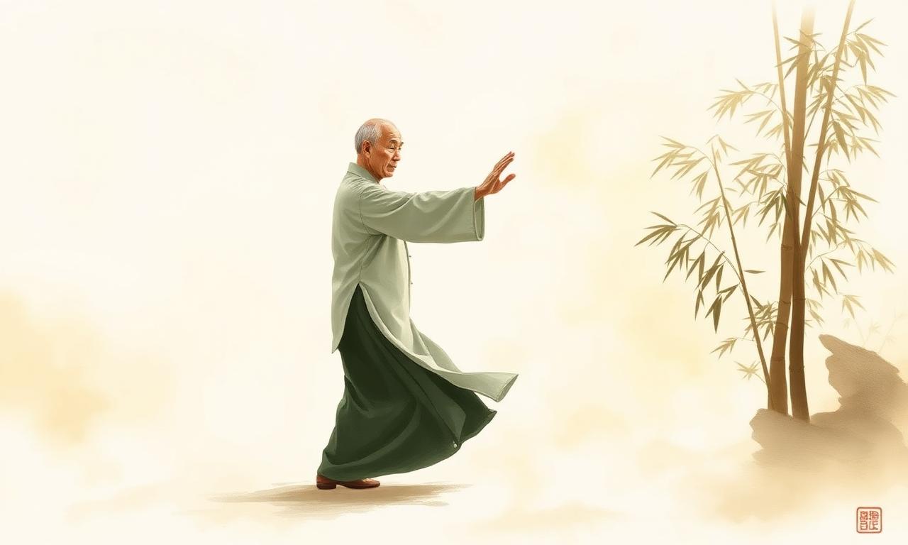 長者於晨曦中打楊式太極,水墨風格